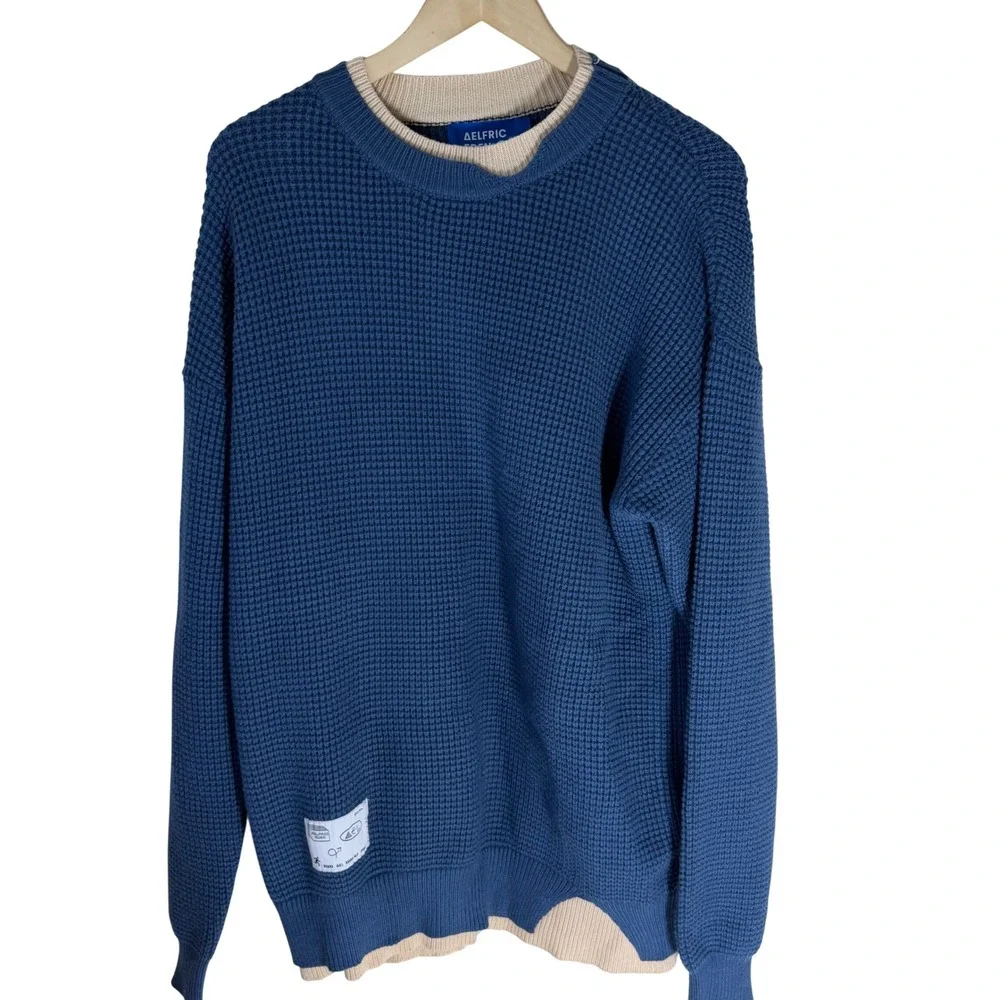 Aelfric Eden Blue Waffle Knit Faux Layered Crewneck Sweater Mens Streetwear
